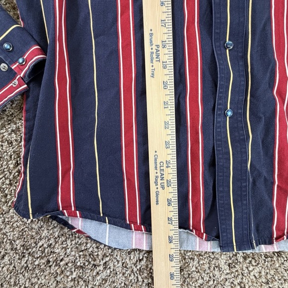 Vintage Men's Wrangler Pearl Snap Western Shirt Large L Striped Blue Red - Picture 9 of 11